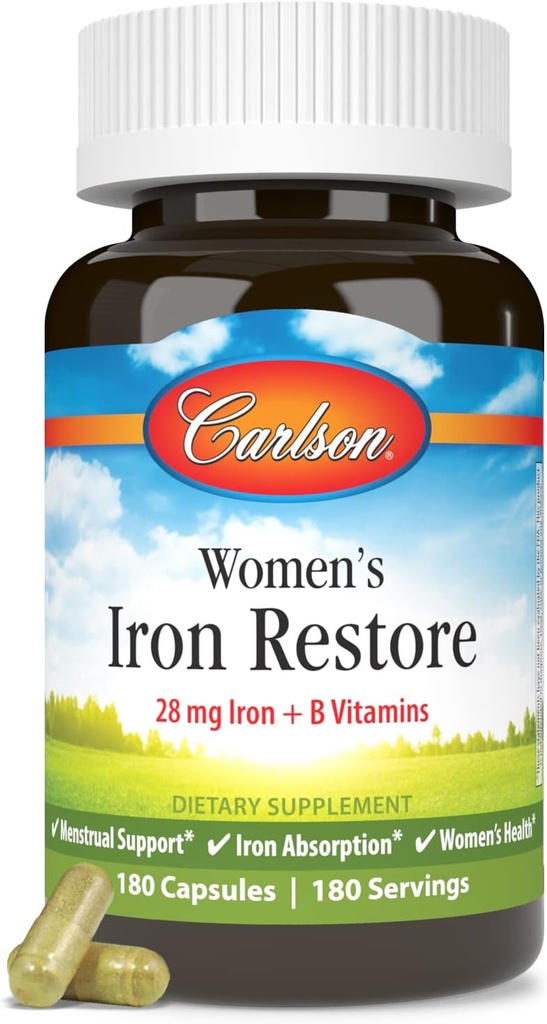 Carlson - naisten rautarestore, 28 mg rautaa + B-vitamiinia, kuukautistukea, imeytymistä ja naisten terveyttä, 180 kapselia