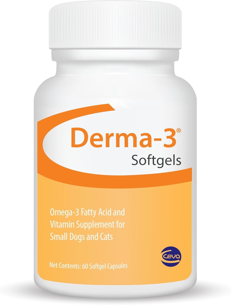Ceva Derma-3 Softgels, Omega-3 rasvahappo- ja vitamiinilisä pienille koirille + kissat (60 kreivi)