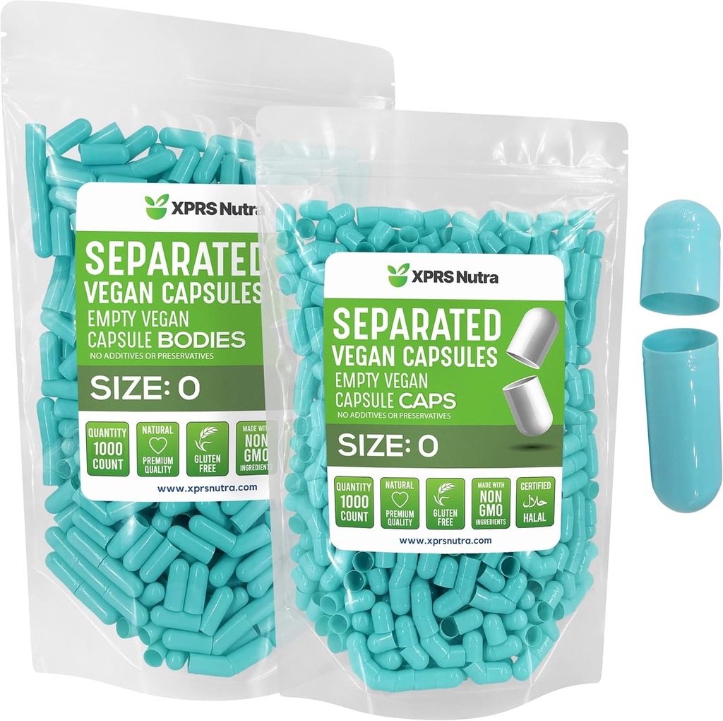 XPRS Nutra Vegan Koko 0 Erilliset kapselit - 1000 Count Premium Tyhjät kapselit Erotettu laukkuihin - Pillerit 0 DIY täydennystä (Aqua)