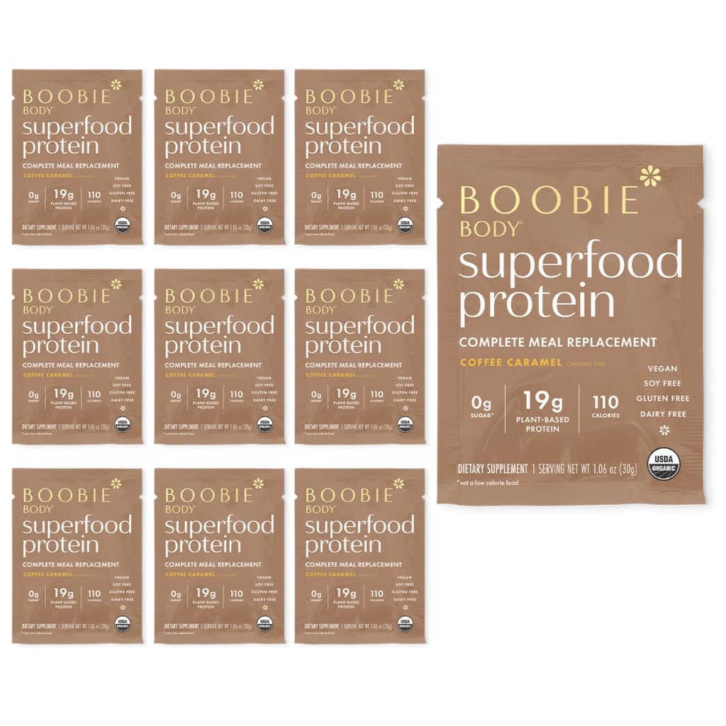 Boobie Body Superfood Protein Meal Replacement Shake, Coffee Caramel Flavor | 19g Protein | Säker för graviditet, Laktation och Moderskap | Organic, Vegan, Zero Sugar, 10 Single Serve Packets (1,06 uns varje)