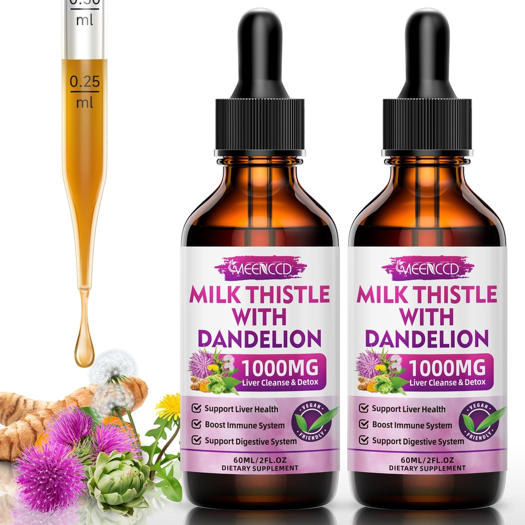 2 Pack Milk Thistle Liquid Drops - Maksan Cleanse Detox & Korjaus - 1000 mg Maito Thistle täydentää maksan tukea, Silymarin Liver Supplement for Liver Health, Vegan, ei-GMO, 4 Fl Oz