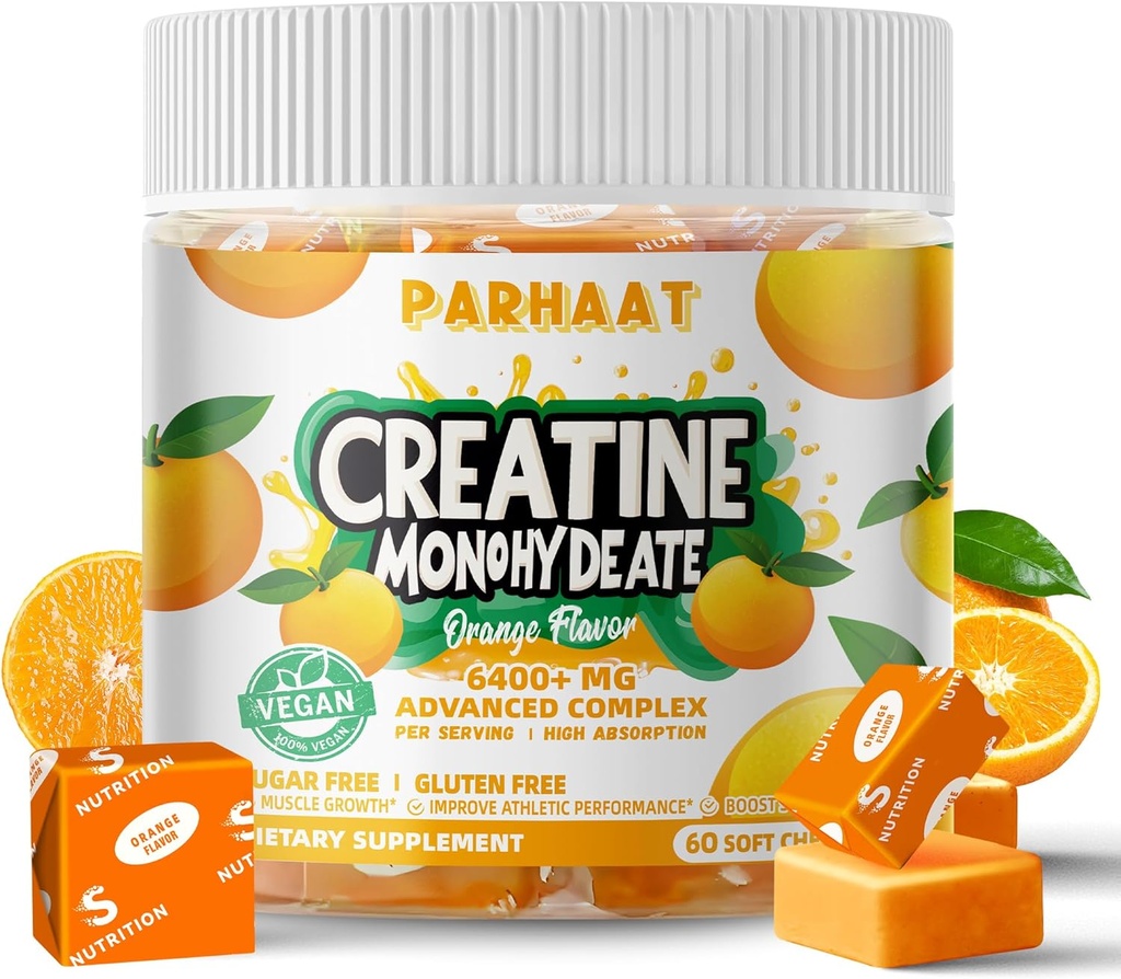 Creatiini Monohydraatti purukumi Complex 6400mg miehille ja naisille - Advanced Formula W/L-Tauriini + B12-vitamiini, sokeriton purutabletti,60 Orange Softchews