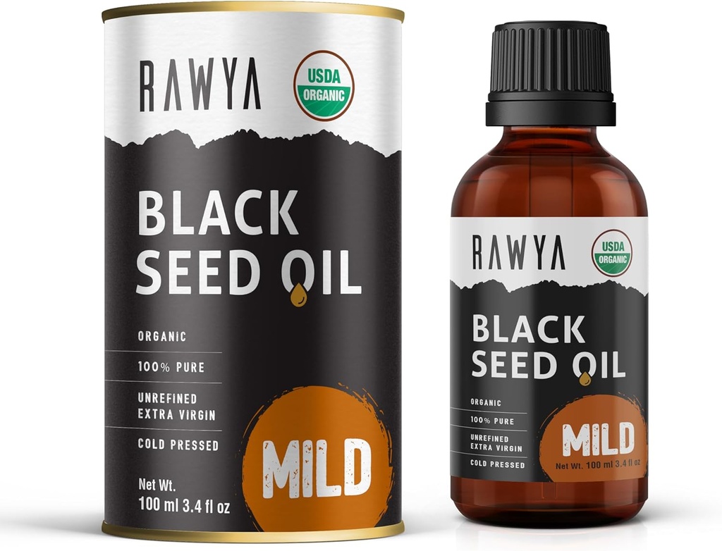 RAWYA Black Seed Oil - Cold Pressed - Black Cumin Seed - Premium Nigella Sativa - Omega 3 6 9 - Kalonji för hud och hälsosamt hår - Non-GMO, Gluten-Free - Wellness Oil - Mild smak - 3.4 Fl Oz
