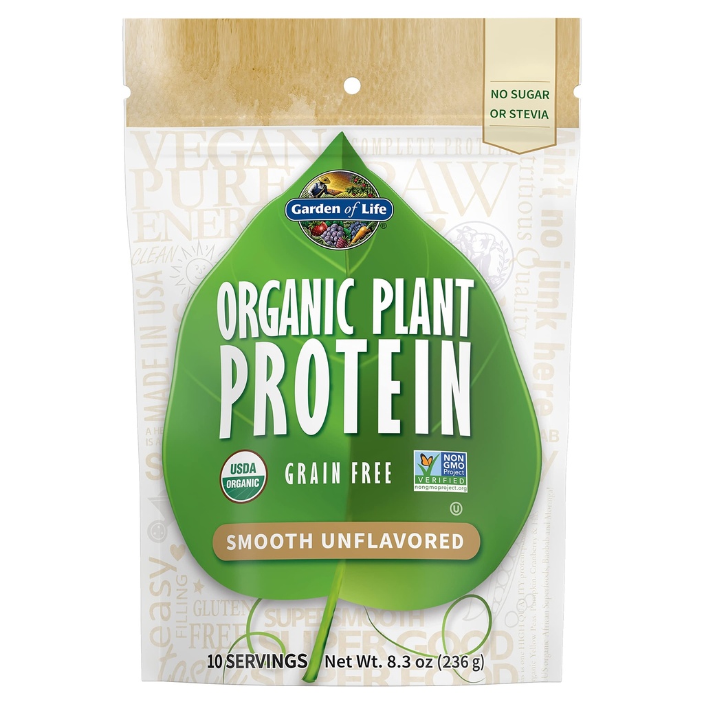 Garden of Life Organic Plant Protein Smooth Unflavored Powder, 10 Servings - Vegan, Grain Free & Gluten Free Plant Based Protein Shake, 1B CFU Probiotics & Enzymes, No Sugar eller Stevia, 15g Protein