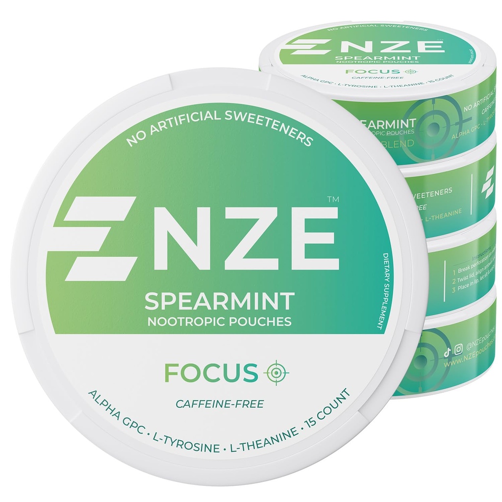 NZE Koffeinfria Nootropic Pouches (Spearmint) - Nootropic Pouches med Alpha GPC, L-Tyrosine & L-Theanine - No Sugar or Artificial Sweeteners - 15 Nicotine Free Pouches Per Can - 5 Pack