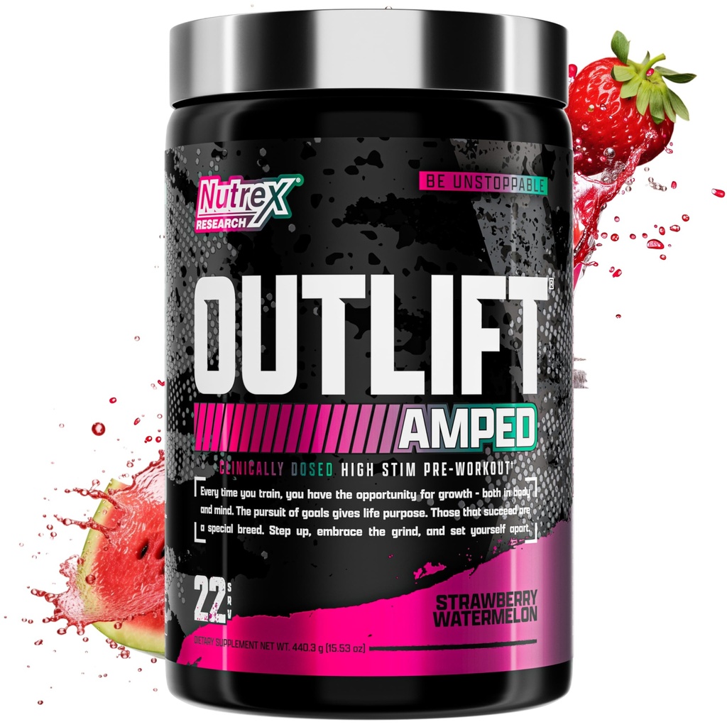 OUTLIFT Amped Max annosteltu korkea STIM Pre harjoitusjauhe 6G Sitruliini, 3.2G Beta Alanine, Alpha GPC, CognatiQ, Extreme Energy, Massive Pumps, Electrolytes (Strawberry Watermelon, 22 Servings)