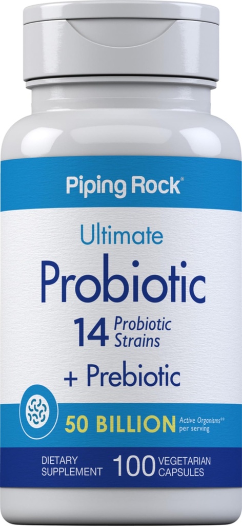 Piping Rock Probiotic och Prebiotic för kvinnor och män | 50 miljarder CFU | 100 kapslar | Ultimate 14 Strain Supplement | Vegetarisk, icke-GMO, Gluten Free