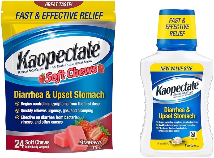 Kaopectate Anti-Diarrheal Soft Chews 24 Count and Upsed Stoach Relief Liquid 11 Fl Oz