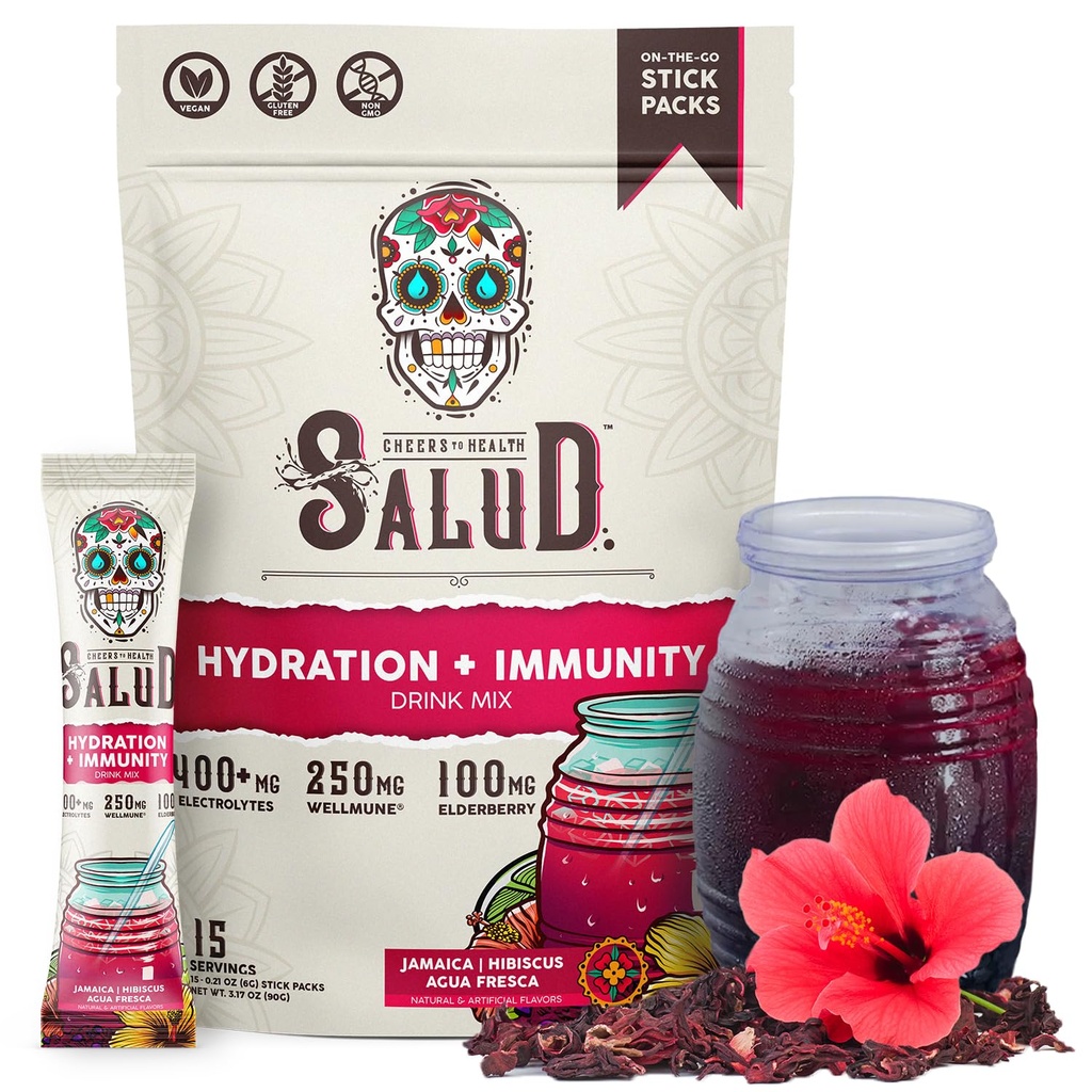 Salud 2-in-1 Hydration Packets + Immuniteetti Elektrolyyttejä Powder, Hibiscus - Jamaika Agua Fresca Drink Mix, Elderberry, Dairy & Soy Free, Ei-GMO, Gluteeniton, Vegan, Low Calorie, 1g sokeria (15 tarjoilua)