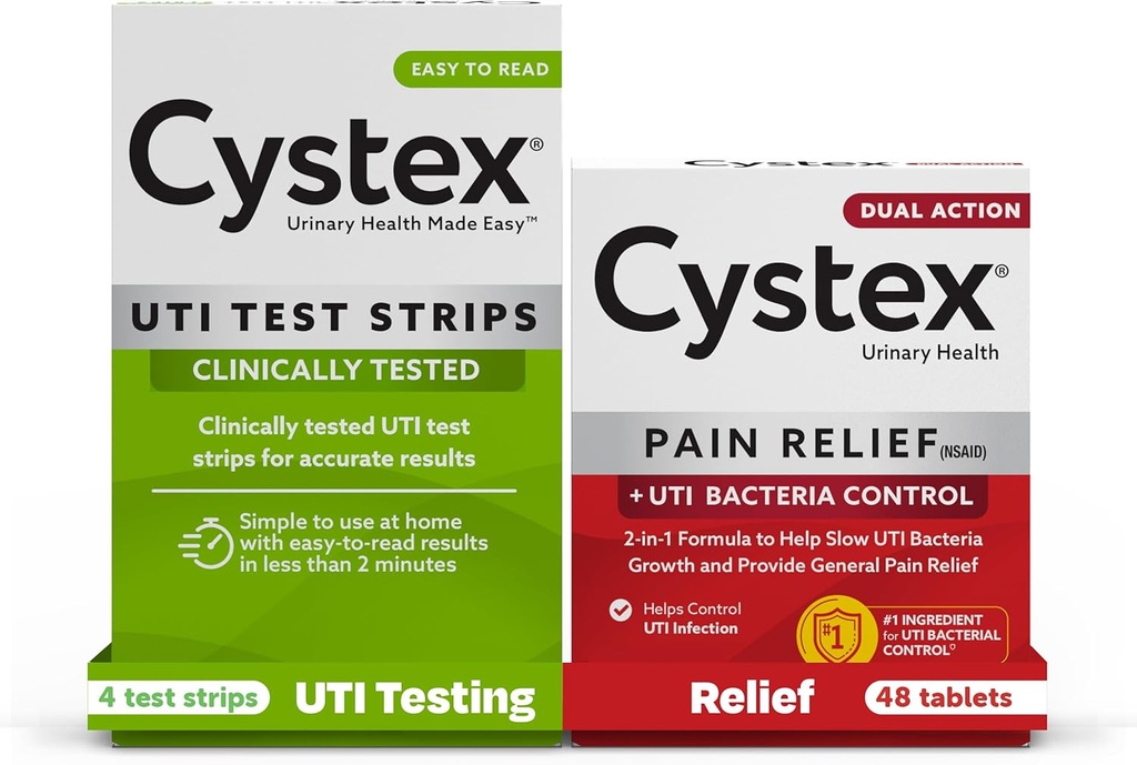Cystex Urinary Tract Infection (UTI) Test Strips + Smärtlindring: 4 Test Strips & 48 Capsules Smärtlindring Medicin