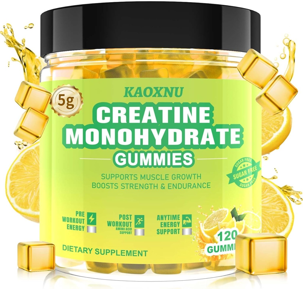 Kreatiini Monohydraatti Gummies 5600mg miehille & naisille, 120 CT purutabletti Creatiini Gummies lihasten tuki, energia Boost, 5.6g Creatiini Monohydraatti per tarjoilu - Sokeriton, Vegan (Sitruunan maku)
