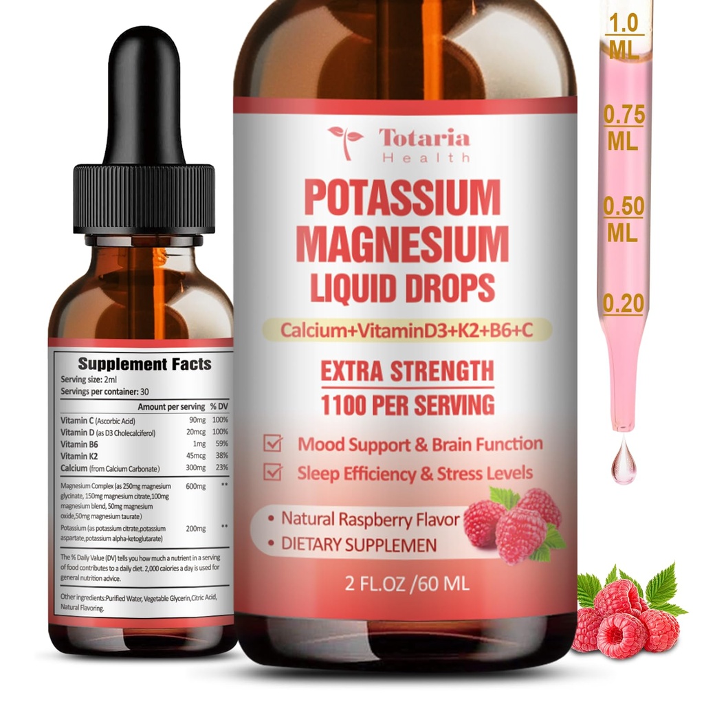Kalium Magnesium Supplement Liquid Drops - High Absorption Potassium Supplement med Magnesium, Calcium, Vitamin D3 K2, Vegan, Non-GMO Potasio Support Leg Cramps, Bone, Muscle - 2 Fl oz
