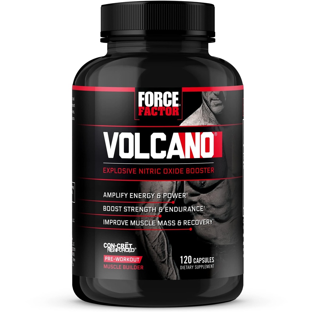 Force Factor Volcano Pre Workout Nitric Oxide Booster Supplement för män med kreatin och L-citralin för att öka och energi, hjälpa till att bygga muskler, bättre pump och träning, 120 kapslar