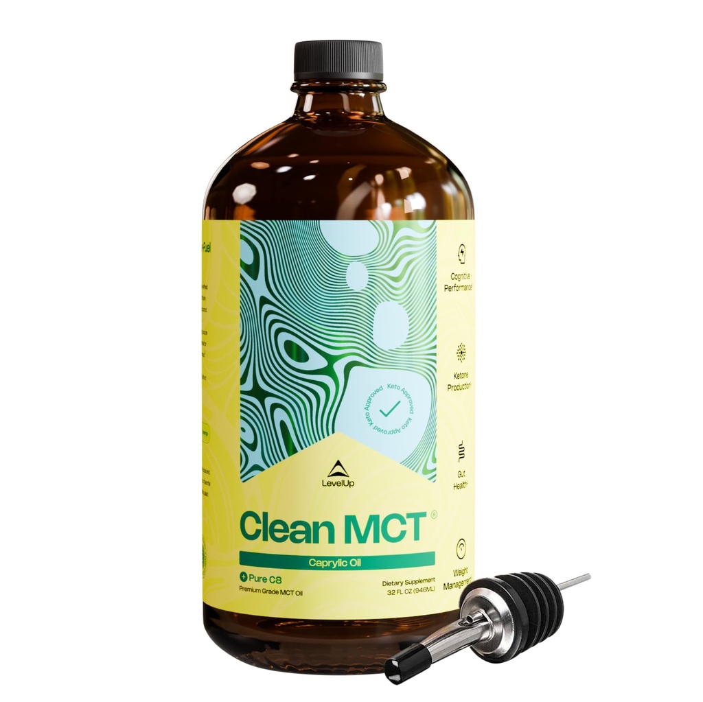 TasoUp Clean MCT Oil - 100% Caprylic C8 for Energy, Focus, Gut Health, Brain Superfuel - Keto täydentää Ketogeeninen kahvi ja ketonit - ei-GMO (32 oz lasipullo)