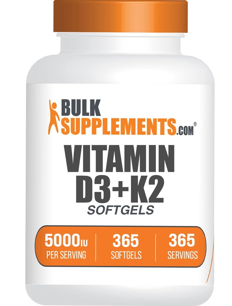 BulkSupplements.com D3-vitamiini + K2 5000 IU Softgels - D3 K2 Supplement, for Immune Health - Gluteeniton, 1 Softgel per Serving, 365 Lukumäärä (Pack of 1)