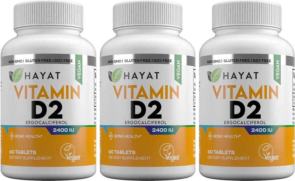 HAYAT-vitamiinit Vegan luonnollinen D 2400 IU, D2, Certified Halal (pakkaus 3)