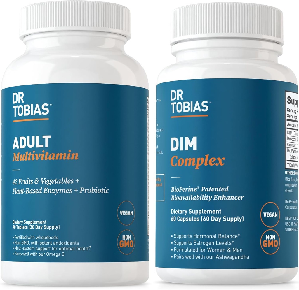 Tobias Adult Multivitamiini & DIM Complex, tukee energia-, immuuni- ja hormonitasapainoa miehille & naisille 42 Hedelmät & Vihannekset, BioPerine, Parsakaaliuute & kalsium, ei-GMO