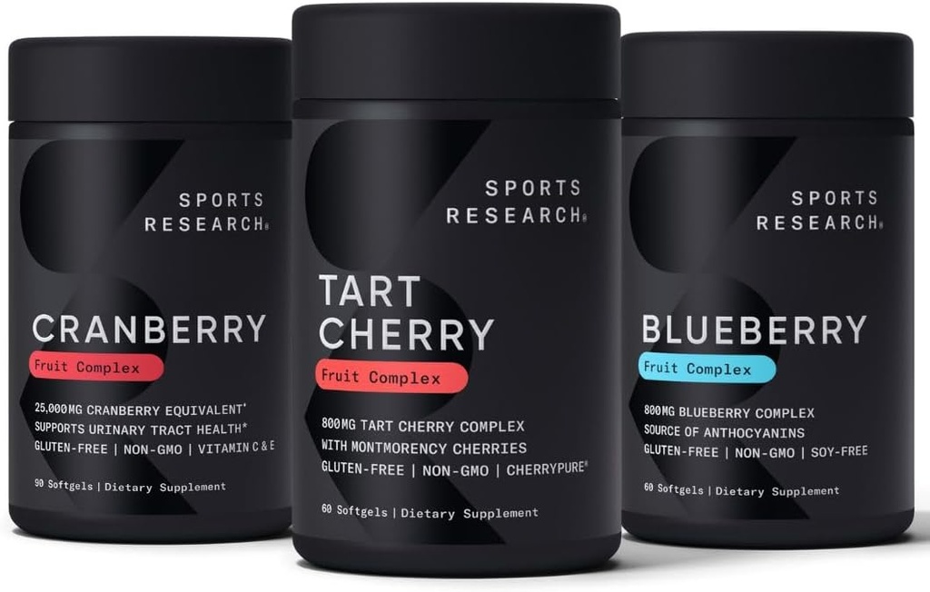 Sports Research Tart Cherry Concentrate (Montmorency Tart Kirsikat), Cranberry Fruit Complex (Pacran & Vitamiines C & E) & Whole Fruit Blueberry Concentrate (alkaen Luomu mustikka)