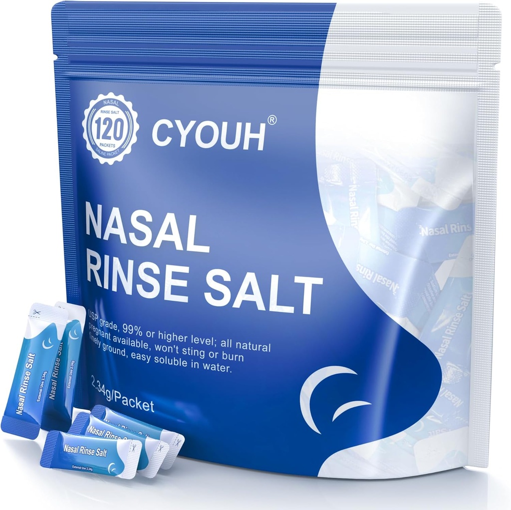 120PCS Salt Salt Saline Packets Sinus Nasal Rönse Neti Potille, henkilökohtaisesti kääritty 2,34G Nenänpesun kastelujärjestelmä nenän puhdistusaine täyttöpakkaus