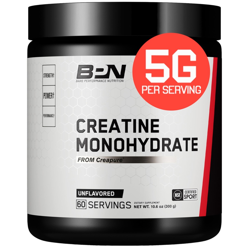 BARE SUORITUSKYKY NUTRITION, BPN Pure Creatiini Monohydraatti Powder by Creapure, 5g Creatiini per tarjoilu, tukee lihasten kasvua, makuamaton Creatiinijauhe, 60 tarjoilua