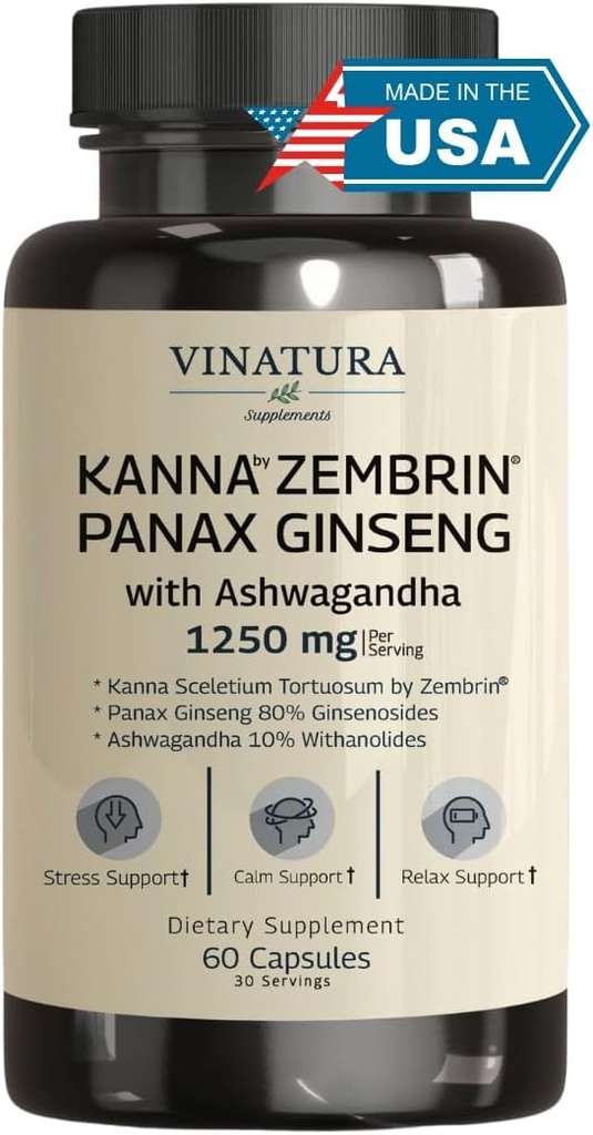 VINATURA Kanna Zembrin Sceletium Tortuosum - 50mg Kanna/Serving, Ashwagandha, Ginseng *Brain Health, Stress Relief Support* Panax Ginseng 80% Ginsenosidit Ashwagandha kapselit 10% Withanolides
