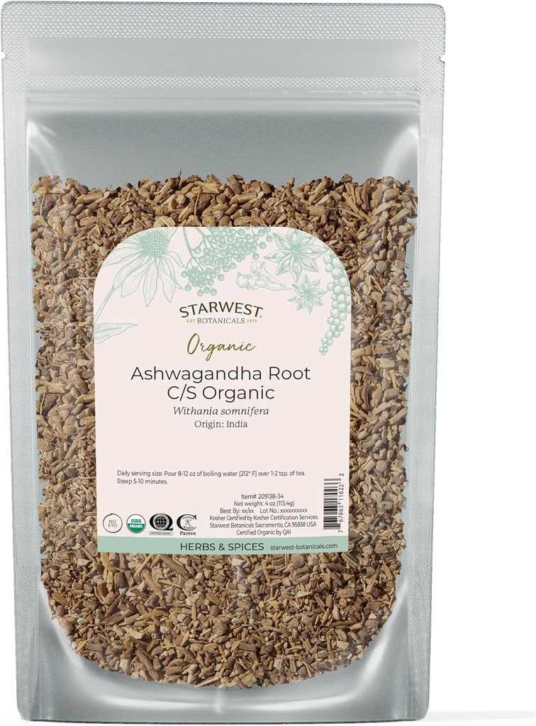 Tähtitieteelliset kasvitieteet Organic Ashwagandha Root for Women & Men - Kuivattu yrtti teelle, kapselit, & Natural yrttisekoitukset, leikattu ja puhdistettu, Certified Kosher, ei-GMO - 4 oz Pouch