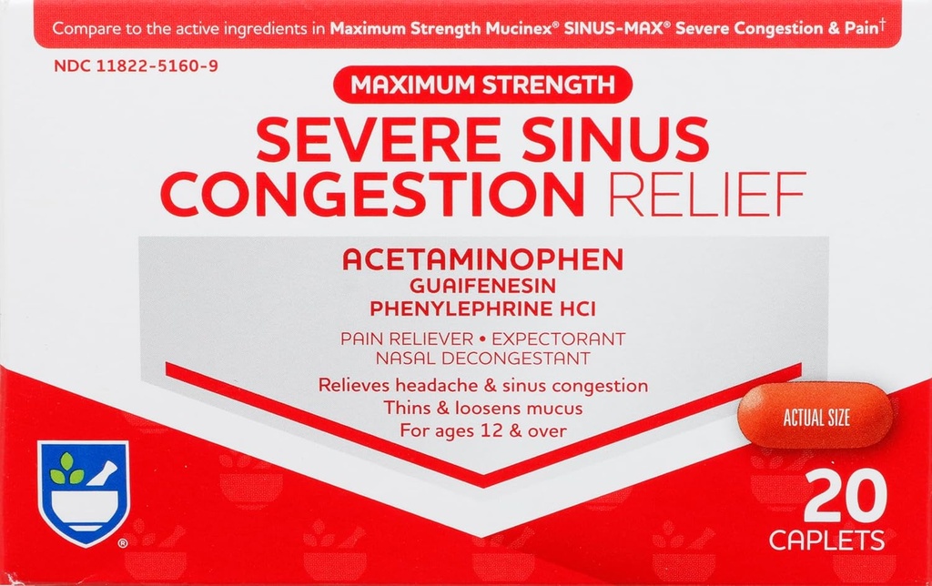 Rite Aid Severe Sinus Medicine och Nasal Decongestant, Maximum Strength - 20 Caplets | Sinus Relief | Smärta Relief | Multi-Symptom Cold and Flu Medicine | Svår Cold & Sinus Medicine för vuxna