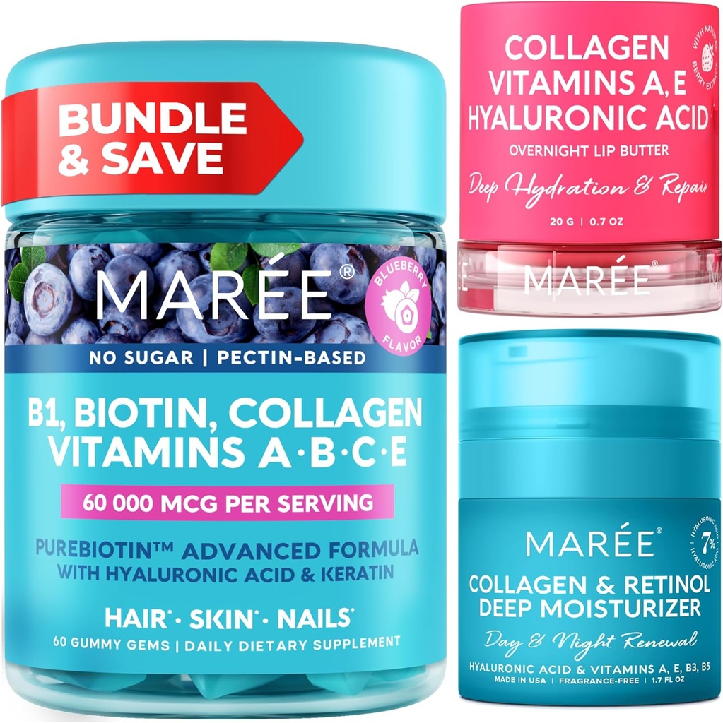 MAREE B1-vitamiini Thiamine Gummies, Lip Mask, Face Moisturizer - A, E, D, C-vitamiinit - Kollageeni & Hyaluronic Acid, Retinol-kompleksi iholle, kynnet, Hiukset - Maski kuiville huulet - Anti-Aging Cream