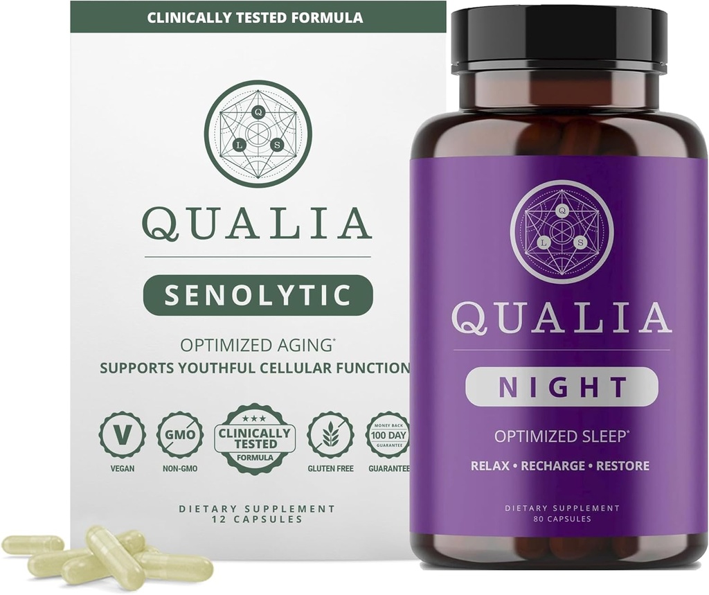 Qualia Life Sciences Bundle Qualia Night & Qualia Senolyyttiset, Science-Backed lisäravinteet syvälle virkistävää uni ja optimaalinen solujen korjaus
