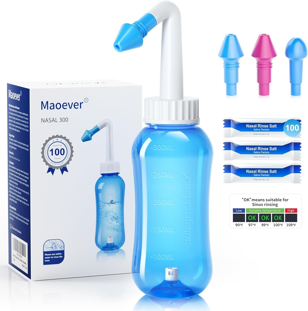 MAOEVER Neti Pot Sinus huuhtelupullo, jossa on 100 Nasal Pesusuolapakkausta Nenänpesu Puhdistus Paine huuhdella Nenän kastelu aikuisten ja lasten BPA ilmaiseksi 300 ML kanssa Tarralämpömittari(sininen)