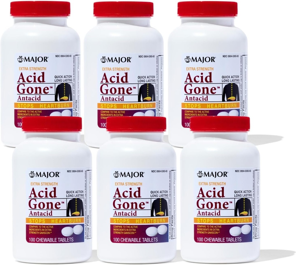Major Acid Gone Extra Strength Antasidit Pureskeltavat tabletit - Anti-Acid Relief - Acid Reflux Medicine for Aikuinen - Vatsavaivat, happo ruoansulatushäiriöt ja närästyksen lievitys - Pitkäikäinen - 100 Count (6 pakkaus)