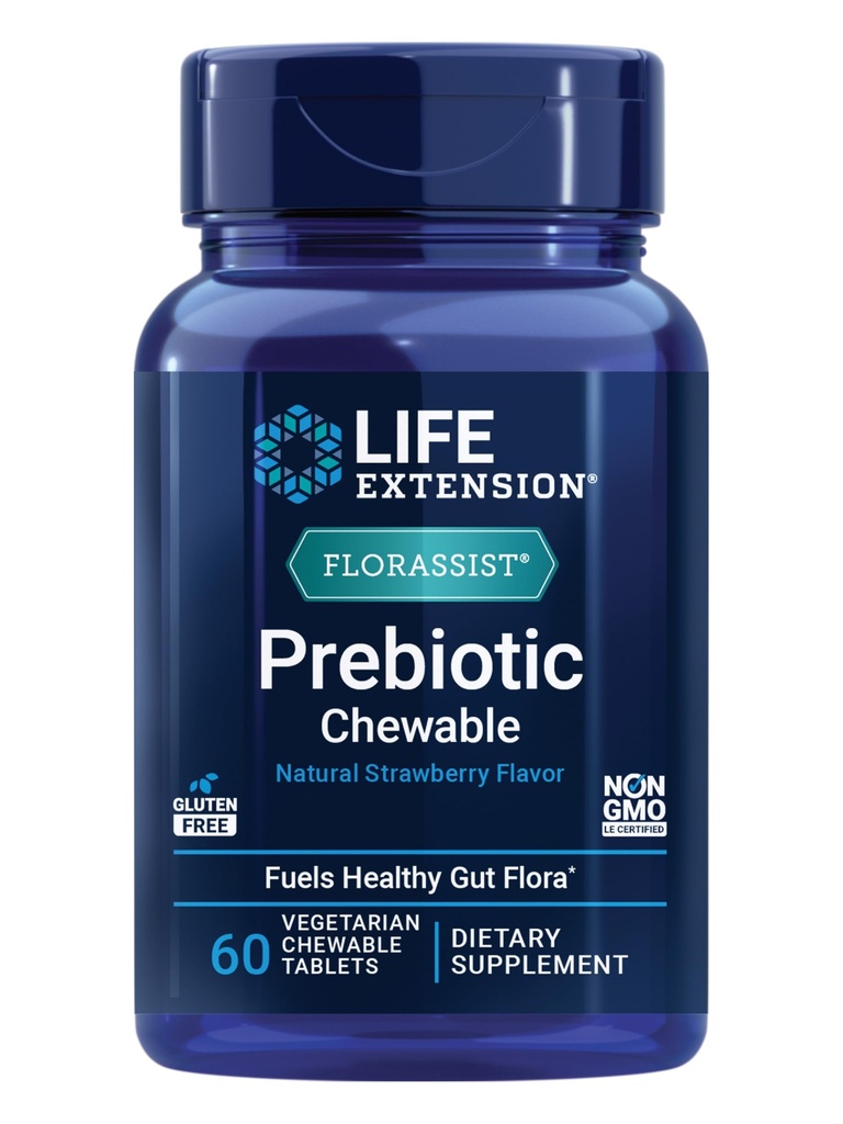 Life Extension FLORASSIST® Prebiootti Pureskeltava (Strawberry), 1000 mg ksylooligosakkaridit, prebioottinen lisäravinteet Tarjoaa polttoaineen Gut Flora, Gluteeniton, ei-GMO, kasvissyöjä, 60 pureskeltavaa tablettia