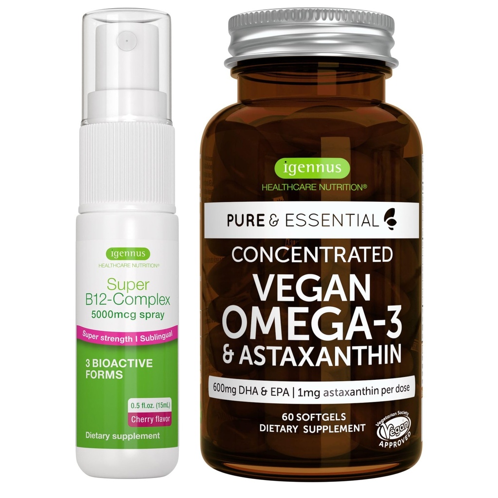 Vegan Omega-3 Algae Oil + Super B12-Complex 5000 mcg Vegan Bundle, Korkea pitoisuus DHA & EPA + Korkea vahvuus B12 Cherry Flavor Sublingual Spray, kirjoittanut Igennus