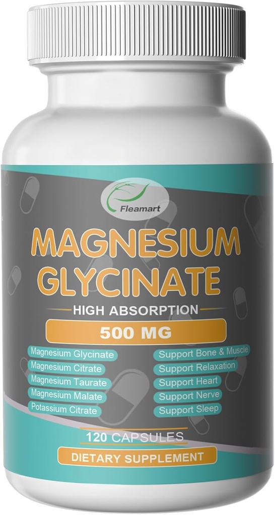 Magnesium Glycinate 500 mg Capsules for Sleep, Heart, Hermo ja Bone, Lihas Magnesium Supplement Complex Support Rentoutuminen - 120 kapselia(60 päivän tarjonta)