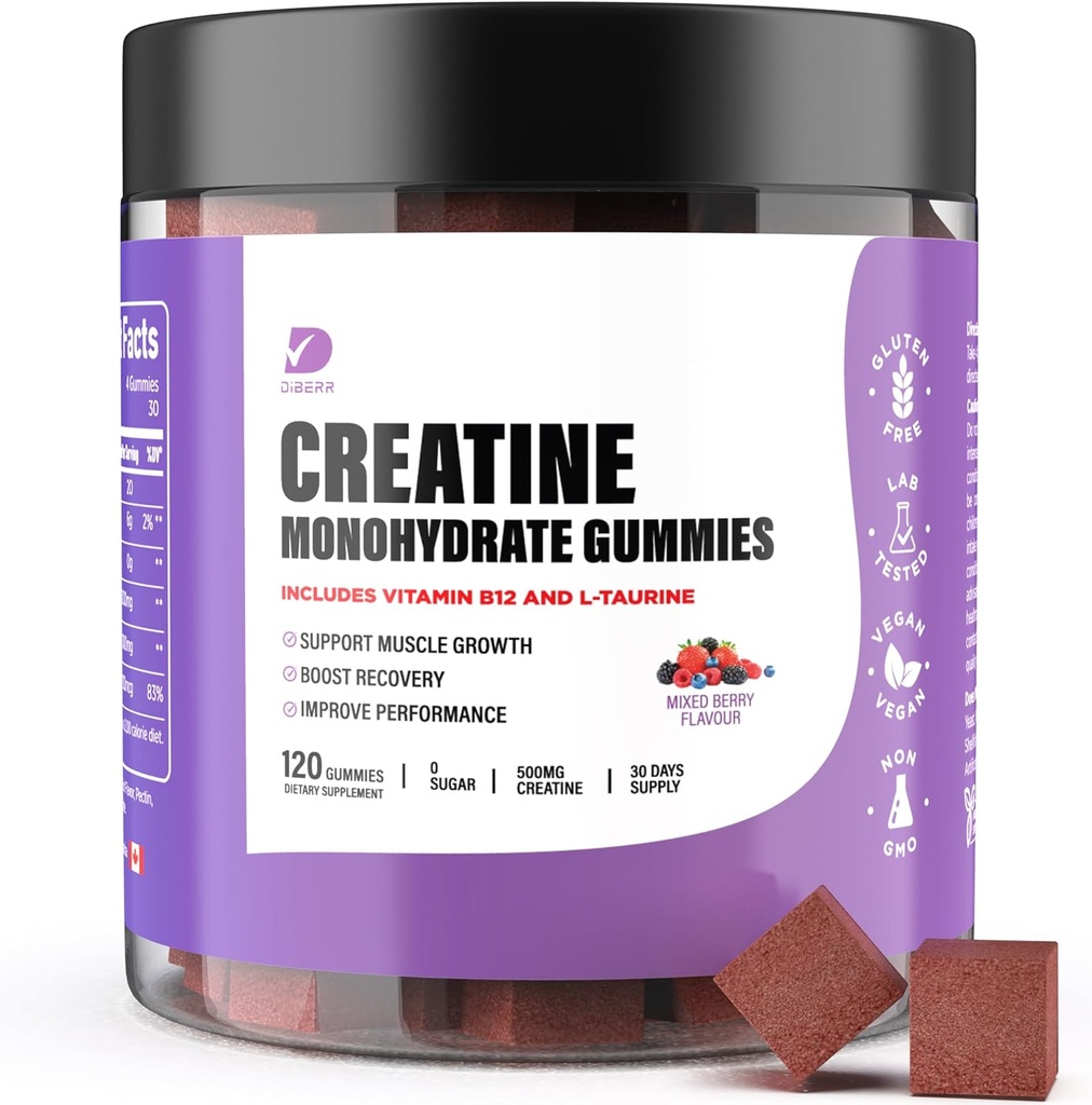 Creatiini Gummies - Creatiini Monohydraatti Gummies miesten ja naisten - 5 g Creatiini Monohydraatti per tarjoilu- lisätä Focus, vahvuus, Endurance -Rakennettu lihas, sokeriton, vegaaninen, ei-GMO 120 Ct
