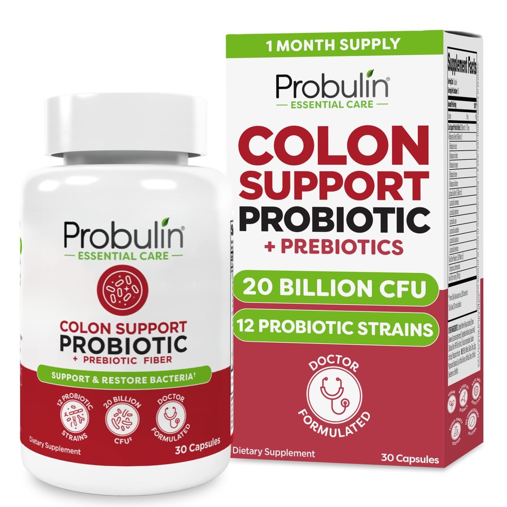 Probulin Colon Support Probiotic Supplement, Daily Gut, Digestive och Immune Health Probiotics Capsules for Men and Women, 20 Billion CFU, Vegan, 30 Count Bottle