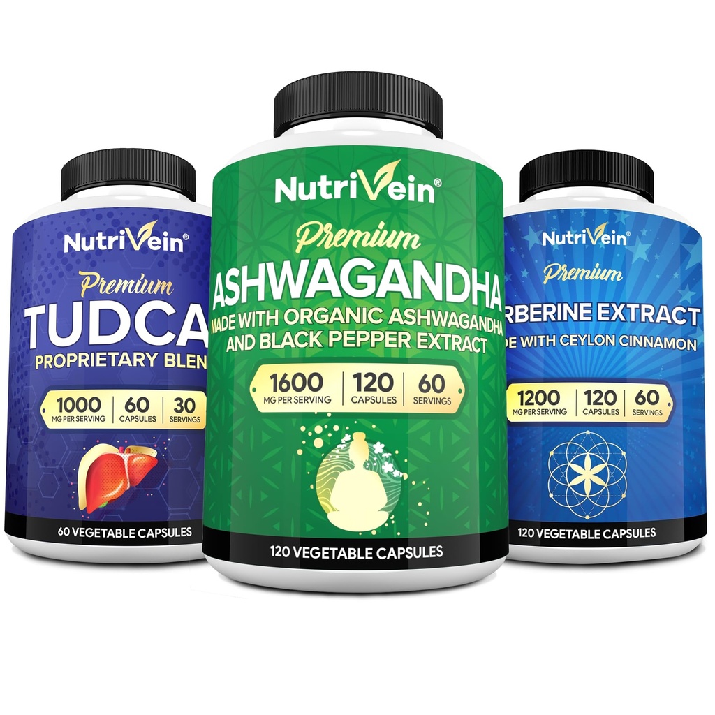 Nutrivein Premium TUDCA, berberiini lisäravinteet ja Ashwagandha Lisäravinteet Bundle: High-Absorption Berberine Complex, Ashwagandha juuriuute, & TUDCA for Detox, Vitality & Well-being