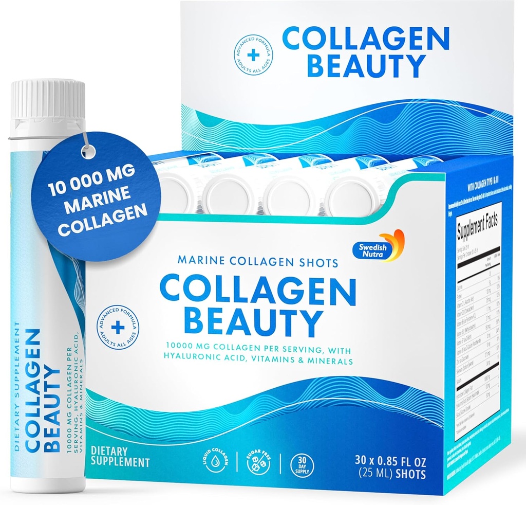 Swedish Nutra - Collagen Beauty 10 000 mg Hydrolysed Marine Collagen Liquid Supplement - 30 x 25 ml Päivittäiset shotit Hyaluronihappo ja C-vitamiini tukevat terveitä hiuksia, ihoa, kynsiä