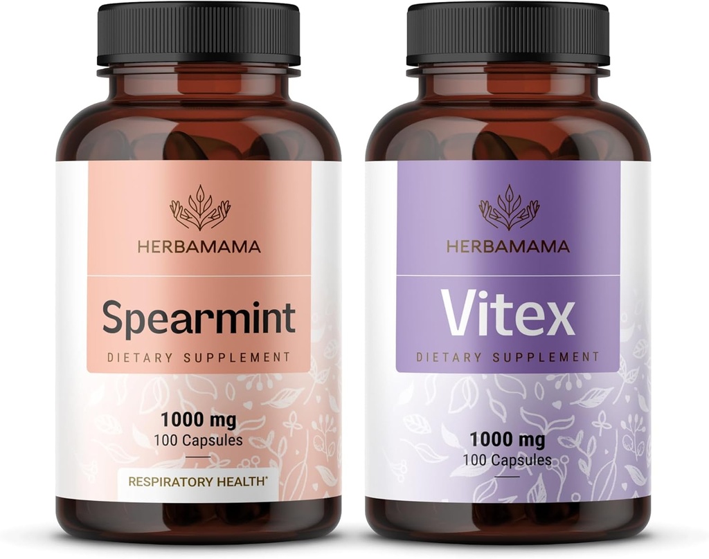 HERBAMAMA Spearmint ja Vitex Kit - Bundle of 1000 mg Spearmint Leaf & Vitex Chasteberry Kapselit - Vegaani, ei-GMO, Liivate - 2 pakkaus