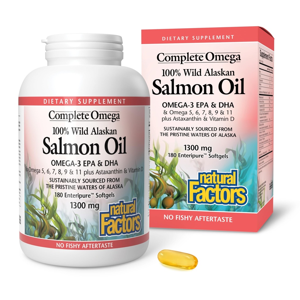 Complete Omega by Natural Factors, Wild Alaskan Salmon Oil, Tukee sydän- ja aivoterveys Omega-3 DHA ja EPA, 180 softgels (180 annosta)