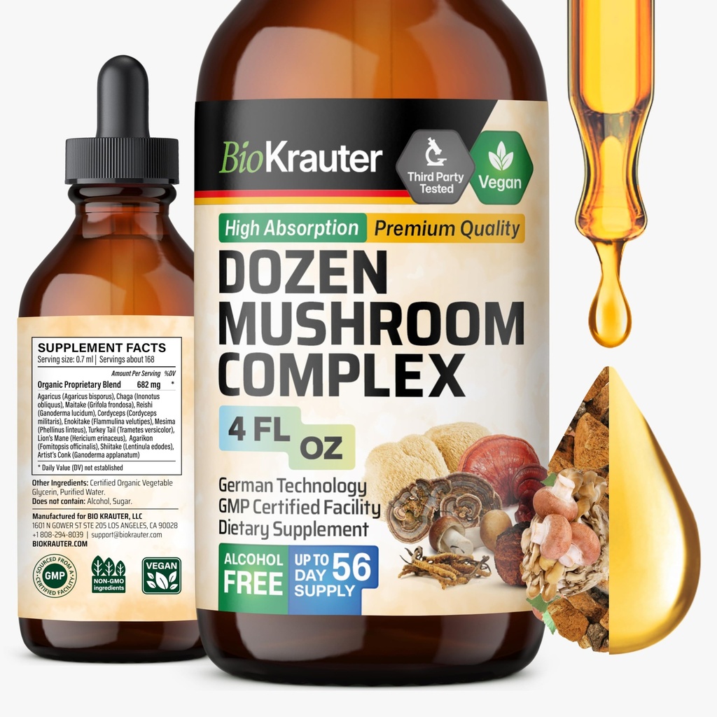 BIO KRAUTER Dozen Mushroom Tincture - Immune Support Supplement Drops - Främjar Digestive & Cognitive Support - Non-GMO, Liquid Immunity Defense Formel - 4 fl. oz Bottle