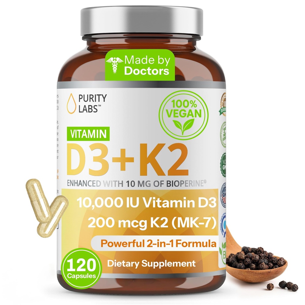 Purity Labs Vitamin D3 K2 10000 IE, (250mcg) D3 + 200mcg K2 MK7 - Immun Support Supplement Förbättrad med bioperin - Kosttillskott för dagligt försvar, ben, muskel och hudhälsa - 120 kapslar