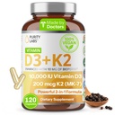 Puhtaus Labs D3 K2 10000 IU, (250 mikrog) D3 + 200 mikrog K2 MK7 - Immunosupport Supplement Enhanced with Bioperine - Lisäravinteet päivittäinen puolustus, luu, lihas ja ihon terveys - 120 kapselia
