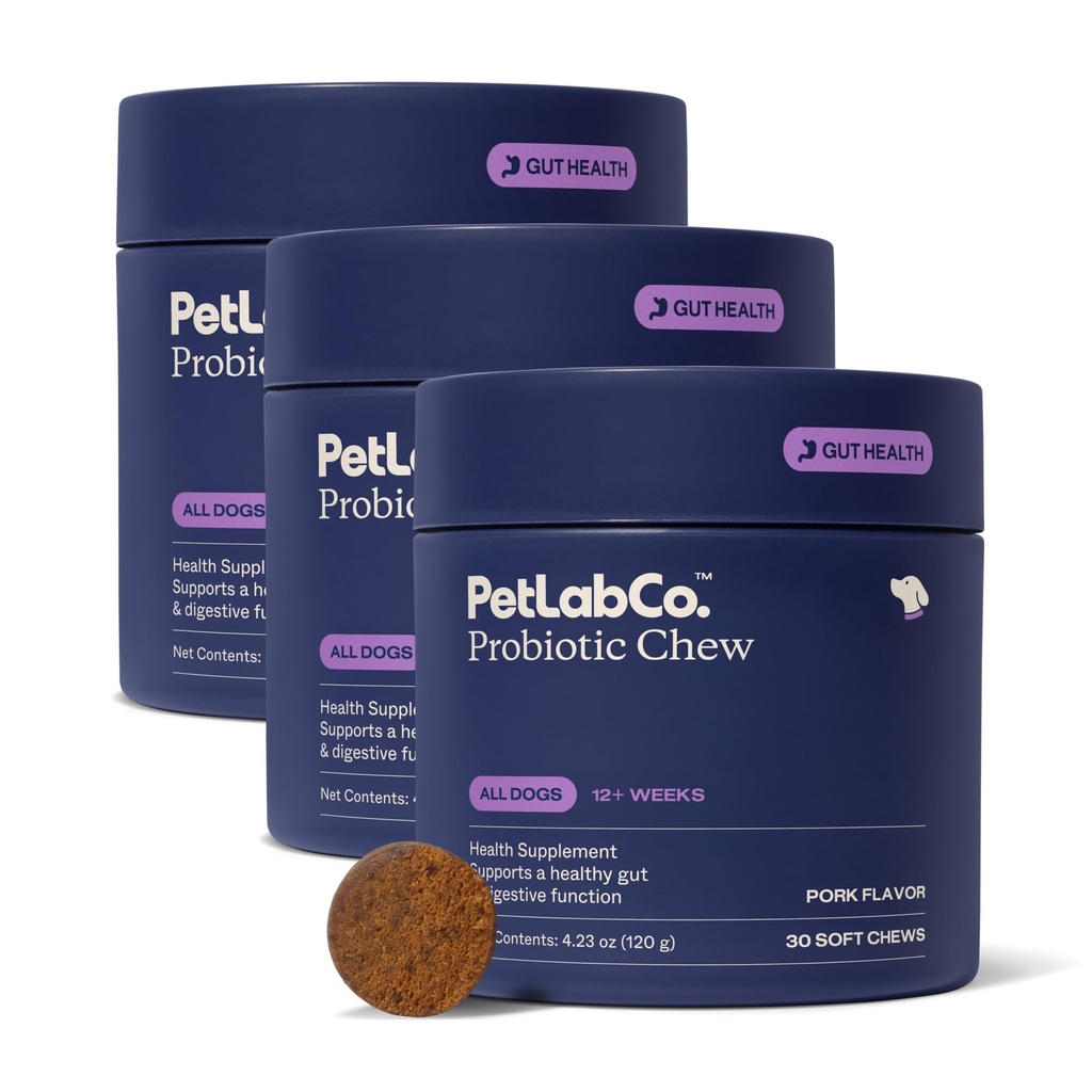 PetLab Co. Probiootit koirille, Tuki Gut Health, Satunnainen ripuli, Ruoansulatuskanavan allergiat - Pork Flavor - 30 Soft Chews - Pakkaus May Vary (Value 3-Pack)