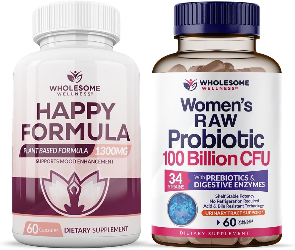 Terveellinen hyvinvointi Happy Formula Natural Formula Relief täydentää + Dr. Formulated Raw Probiootit naisille 100 miljardia PMY Bundle