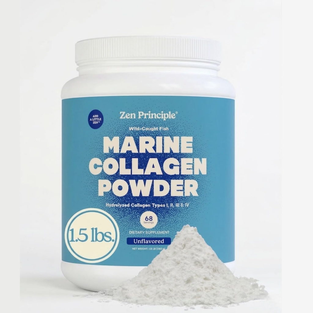 Zen Periaate Marine Collagen Peptides Powder 1.5 lb. Wild-Caught Fish, non-GMO. Tukee terve iho, hiukset, nivelet ja luut. Hydrolysoitu tyypin 1 ja 3 proteiini. Aminohapot. Makuton, helppo sekoittaa.