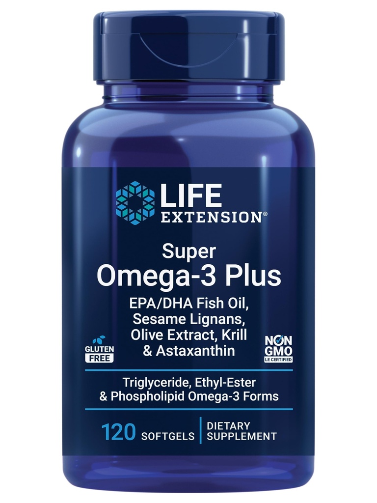 Life Extension Super Omega-3 Plus EPA/DHA Fish Oil, Seesamin Lignans, Olive Extract, Krill & Astaksantiini - Heart, aivot & Joint Health Support - Gluteeniton, ei-GMO - 120 Softgels