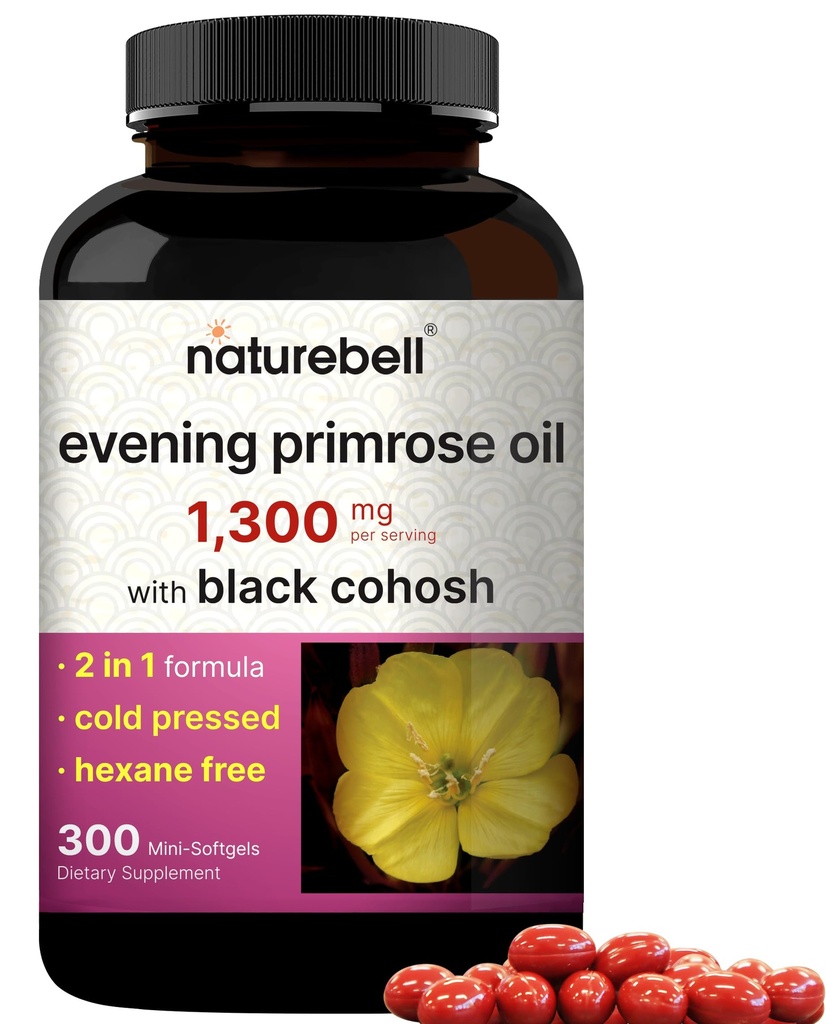 NatureBell Evening Primrose Oil med Black Cohosh, 1,300mg Per Servering, 300 Mini-Softgels | Cold Pressed Seeds, behåller 130mg GLA för kvinnors hälsa och hudvårdssupport - Hexane Free, Non-GMO