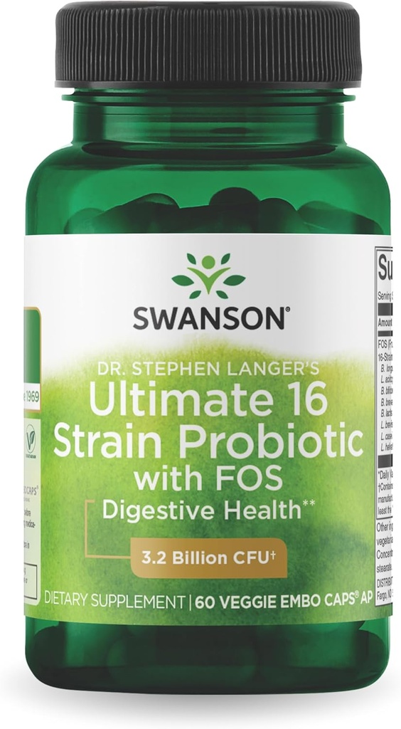 Swanson Dr. Stephen Langer's Formula - Natural Probiotic w/ Prebiotic FOS - 16- Strin Supplement Promoting digestive Support w/ 3, 2 miljardia PMY per kapseli - (60 kasviskapselit)