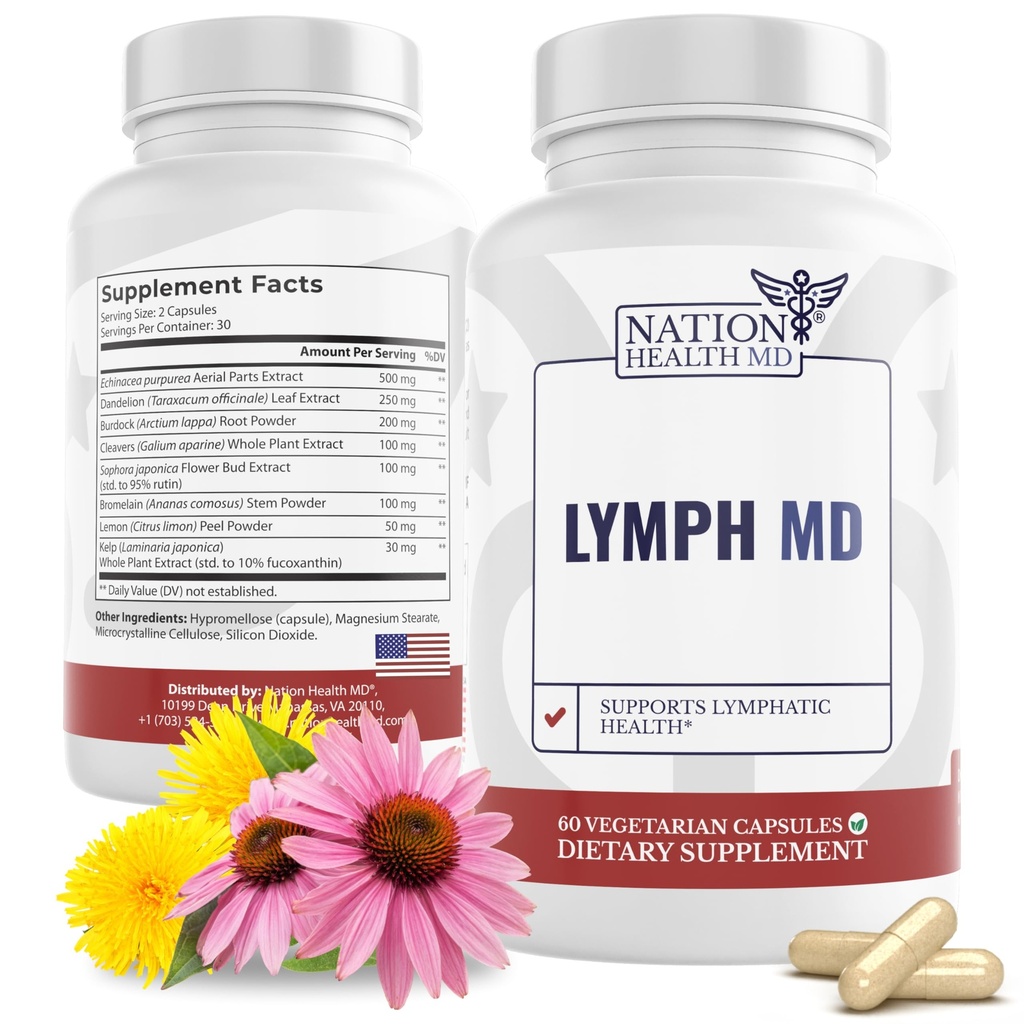 Lymph MD - Lymphatic Drainage Supplement - kanssa Bromelain, Echinacea, Burdock Root, Voikukka, Rutin, Kelp & More - Lymph System Tuki naisille ja miehille - 60 kapselia